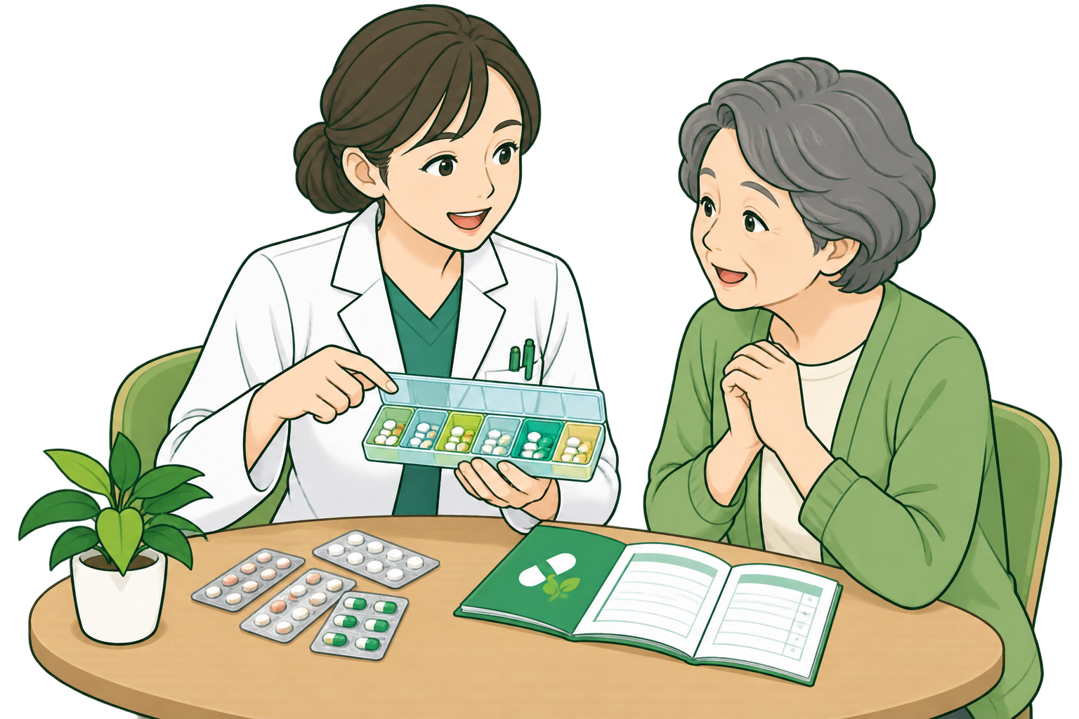 薬剤師がお薬ケースを使って管理方法を説明するイメージイラスト