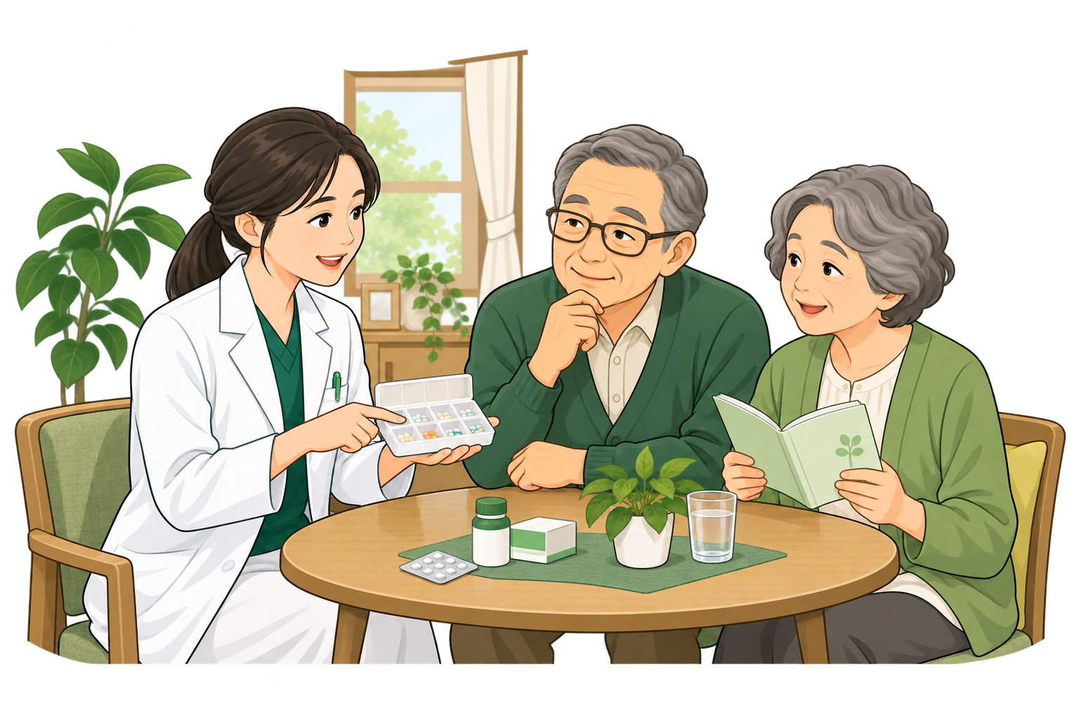 薬剤師がご自宅でお薬について説明するイメージイラスト